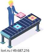 Man checks files passing on tape, program conveyor. Developer analyzes app icons, colored squares. Conveyor with items, moving belt. Male character working with continuous moving machine, transporter. Man checks files passing on tape, program conveyor. Developer analyzes app icons, colored squares. Стоковая иллюстрация, агентство Ingram Publishing / Фотобанк Лори