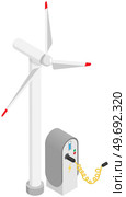 Wind turbines and charger for electric vehicles. Electromobile charging station. Equipment for auto accumulator recharging. Alternative fuel. Green energy technology. Environmentally friendly power. Wind turbines and charger for electric vehicles. Environmentally friendly green energy technology. Стоковая иллюстрация, агентство Ingram Publishing / Фотобанк Лори