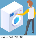 Male character in public laundry or home bathroom loading dirty clothing and detergent powder to laundromat or washing machine, housework concept. Launderette cleaning service, household, routine. Male character in public laundry or home bathroom loading dirty clothing to washing machine. Стоковая иллюстрация, агентство Ingram Publishing / Фотобанк Лори
