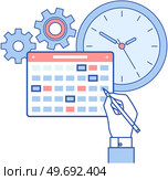 Person planning schedule, agenda planner. Time management, tasks scheduling, calendar, reminder and timetable. Save time and money concept. Employee works to create weekly plan and deal with deadline. Person planning schedule, planner. Employee works to create weekly plan and deal with deadline. Стоковая иллюстрация, агентство Ingram Publishing / Фотобанк Лори