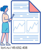 Analytics and development statistics. Web analysis measure, product testing technology. Woman analyses digital report. Statistical indicators and data on diagram. Graphic information visualization. Woman analyses digital report with statistics. Statistical indicators and data on diagram. Стоковая иллюстрация, агентство Ingram Publishing / Фотобанк Лори