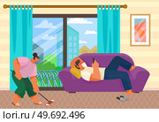 Man lying on sofa with smartphone. Young woman with mop cleaning floor in living room. Apartment cleaning, household chores, daily routine concept. Lady mopping at home. Family spends time at weekend. Man lying on sofa with smartphone. Young woman with mop cleaning floor, mopping in living room. Стоковая иллюстрация, агентство Ingram Publishing / Фотобанк Лори
