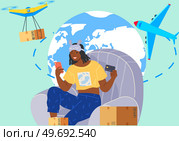 Woman making online order and flying quadcopter delivering package. Drone delivery service, technology in parcel shipment, worldwide transportation. Lady orders goods with smartphone application. Woman making online order. Drone delivery service, innovative technology in parcel shipment. Стоковая иллюстрация, агентство Ingram Publishing / Фотобанк Лори