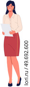 Pensive employee or business woman holding document. Young female character carrying papers. Portrair of adult modern woman in casual clothes. Smiling girl with sheet of paper in hands vector. Pensive employee or business woman holding document. Portrait of young female character carrying papers. Стоковая иллюстрация, агентство Ingram Publishing / Фотобанк Лори