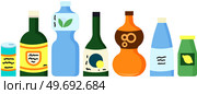 Soft and alcohol drinks bottles. Bottled beverage, vitamin juice, sparkling or natural water in cans, glass and plastic containers. Set of bottles with different drinks isolated on white background. Set of bottles with different drinks. Glass and plastic containers, bottled beverages, water. Стоковая иллюстрация, агентство Ingram Publishing / Фотобанк Лори