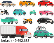 Set of modes of transport and machine shapes. Transport isolated on white background. Crossover, hatchback, pickup, cabriolet vehicle, motorbike, motorcycle. Cars of different types without drivers. Set of modes of transport and machine. Crossover, hatchback, pickup, cabriolet vehicle, motorbike. Стоковая иллюстрация, агентство Ingram Publishing / Фотобанк Лори
