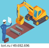 Excavator digs hole for pipeline repair, engineer head directs work of tractor, public utility repairing pipes. Excavation work at construction site. Transport equipment laying pipes for new building. Excavator digs large hole for pipeline repair, engineer manager, public utility repairing pipes. Стоковая иллюстрация, агентство Ingram Publishing / Фотобанк Лори