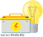 Electric LED, incandescent lamp and battery for charging. Electrical appliance for creating power and light. Light bulb near battery, electricity generator, accumulator flat vector illustration. Incandescent lamp and charging device. Light bulb near battery, electricity generator, accumulator. Стоковая иллюстрация, агентство Ingram Publishing / Фотобанк Лори