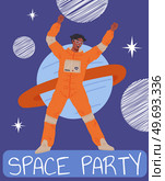 Astronaut travels in intergalactic space. Man in space suit flies in solar system. Fantastic transport of explorer in space. Spaceman flying among planets and stars. Space party banner concept. Astronaut travels in intergalactic space. Man in space suit flies in solar system fantastic explorer. Стоковая иллюстрация, агентство Ingram Publishing / Фотобанк Лори