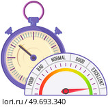 Stopwatch and quality scale with arrow from red to green and caliber of emotions, events. Measuring device tachometer, speedometer, clock. Colorful gauge element from poor to excellent, stress scale. Stopwatch and quality scale with arrow from red to green. Measuring device tachometer, speedometer. Стоковая иллюстрация, агентство Ingram Publishing / Фотобанк Лори