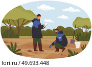 People exploring nature, analyze soil or sand. Researchers take samples of biomaterial. Environmental and ecology research. Scientists conduct ecological experiment. Explorers work in forest or park. Environmental and ecology research. Scientists conduct experiment, take samples in forest or park. Стоковая иллюстрация, агентство Ingram Publishing / Фотобанк Лори