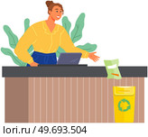 Woman working in store standing near waste bin. Eco living, green thinking, conscious consumption concept. Lady throws out plastic trash package for recycling. Girl caring for nature and environment. Woman working in store standing near waste bin. Lady throws out plastic trash package for recycling. Стоковая иллюстрация, агентство Ingram Publishing / Фотобанк Лори