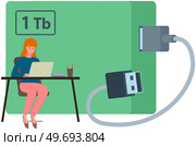 External hard disk drive with USB cable isolated on white. Portable extern HDD. Memory drive vector illustration, flash drive. Modern technologies storing information on mobile electronic devices. External hard disk drive with USB cable isolated. Portable extern HDD. Memory drive, flash drive. Стоковая иллюстрация, агентство Ingram Publishing / Фотобанк Лори