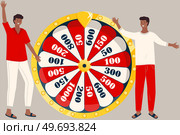 Game fortune wheel concept. Man playing risk game with fortune wheel and lottery. Casino and gambling, leisure vector. Casino fortune, wheel winner game. Indian man won, joyfully raised his hands up. Game fortune wheel. Man playing risk game with fortune wheel and lottery. Casino and gambling. Стоковая иллюстрация, агентство Ingram Publishing / Фотобанк Лори
