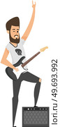 Rock musician playing on electrical guitar cartoon character standing on stage near music speaker with subwoofer. Brutal bearded man musician with rocker instrument greets audience at concert. Rock musician playing on electrical guitar cartoon character standing on stage near music speaker. Стоковая иллюстрация, агентство Ingram Publishing / Фотобанк Лори