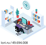 Business man professional stting with laptop and documents on table. Employee working from home or office, remote job using personal computer for tasks completion. Work process and design of workplace. Work process and design of workplace. Employee working from home or office with laptop and documents. Стоковая иллюстрация, агентство Ingram Publishing / Фотобанк Лори