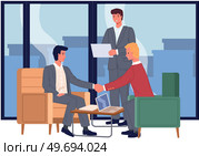Business partnership cooperation beginning. Businessmen shaking hands after signing contract agreement. Business meeting of partners in office. Male colleagues discussing work and closing deal. Business partnership cooperation. Businessmen shaking hands after signing contract agreement. Стоковая иллюстрация, агентство Ingram Publishing / Фотобанк Лори
