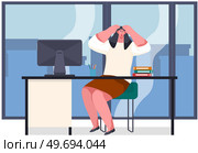 Exasperated woman sitting in office vector illustration. Professional burnout, overwork at work concept. Businesswoman with headache stress at workplace. Stressed lady sits at desk with computer. Professional burnout, overwork at work. Businesswoman with headache stress at workplace in office. Стоковая иллюстрация, агентство Ingram Publishing / Фотобанк Лори