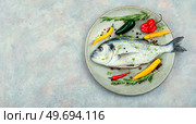 Uncooked dorado fish with herbs. Raw sea bream or dorada fish. Copy space. Raw whole dorado fish. Стоковое фото, агентство Ingram Publishing / Фотобанк Лори
