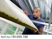 Builder holding insulating material in roofspace. Стоковое фото, агентство Ingram Publishing / Фотобанк Лори