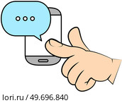 Mobile phone chat message notifications, sms communication isolated, hand touches screen with finger, smartphone and chatting bubble speeches, concept of online talking, speak, conversation, dialog. Mobile phone chat message notifications, sms communication, hand touches screen with finger. Стоковая иллюстрация, агентство Ingram Publishing / Фотобанк Лори