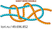 Sheet bend double isolated on white. Binding and fastening unit for permanent bracing. Modification of straight knot where first loop makes two turns. Node is tied under tension. Twisted brown tape. Sheet bend doubleisolated on white. Modification of straight knot where first loop makes two turns. Стоковая иллюстрация, агентство Ingram Publishing / Фотобанк Лори