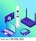 Set of different smart computer gadgets. Information input and output technology devices. Gadgets for playing games. Virtual reality glasses wi fi router, digital camera, laptop, communication tower. Set of different smart computer gadgets. Virtual reality glasses wi fi router digital camera laptop. Стоковая иллюстрация, агентство Ingram Publishing / Фотобанк Лори