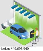 Blue car on green screen backdrop in photo or film studio. Green background and lighting for movie trick filming. Chromakey with spotlights and automobile on set. Making film with vehicle, transport. Blue car on green backdrop in photo or film studio. Chromakey with spotlights and automobile on set. Стоковая иллюстрация, агентство Ingram Publishing / Фотобанк Лори