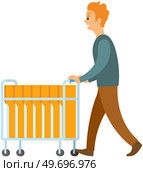 Man pushing cart with computer desktop yellow folders. Desktop pack element with documents, storage and media content. Directory sign. Linux open source UI shortcut customisation, file optimization. Man pushing cart with computer desktop yellow folders. Desktop pack element with documents, storage. Стоковая иллюстрация, агентство Ingram Publishing / Фотобанк Лори