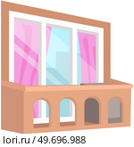 Balcony vector vintage balconied railing windows facade wall of building illustration of beautiful architecture. Decor window-pane facade with curtains isolated on background platform with railings. Balcony vector vintage balconied railing windows facade wall of building, platform with railings. Стоковая иллюстрация, агентство Ingram Publishing / Фотобанк Лори