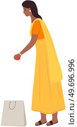 Young indian woman in traditional clothes shopping at market, puts apples in paper bag. Isolated female character dressed in costume sari stands at full height. Fashion lady, asian person at bazaar. Indian woman in traditional clothes shopping at market. Female character dressed in costume sari. Стоковая иллюстрация, агентство Ingram Publishing / Фотобанк Лори