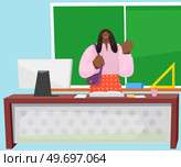 School mathematics female woman teacher in audience, elementary classroom waving hello to schoolchildren. Cartoon professor standing near blackboard explains lesson. Education, teaching concept. School mathematics female woman teacher in audience classroom waving hello to schoolchildren. Стоковая иллюстрация, агентство Ingram Publishing / Фотобанк Лори
