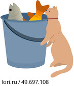Cute kitty sitting near bucket of fish vector illustration. Cat, shorthair kitten, domestic animal looking at catch. Fluffy pet friend with collar smelling fishes. Caring for animals, pets concept. Cute kitty sitting near bucket of fish. Cat, shorthair kitten, domestic animal looking at catch. Стоковая иллюстрация, агентство Ingram Publishing / Фотобанк Лори