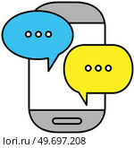 Mobile phone chat message notifications vector illustration sms communication isolated on white, smartphone and chatting bubble speeches, concept of online talking, speak, conversation, dialog icon. Mobile phone chat message notifications vector illustration sms communication isolated on white. Стоковая иллюстрация, агентство Ingram Publishing / Фотобанк Лори