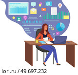 Woman sitting at table with computer next to poster with diagram. Presentation board, statistical data. Business report and dynamics indicators. Manager demonstrates results of statistical research. Woman sitting at table with computer next to poster with diagram. Business report and indicators. Стоковая иллюстрация, агентство Ingram Publishing / Фотобанк Лори