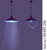 Ceiling lamp in cartoon style. Chandelier hanging on cable with light on in dark room. Element of interior, electric lamp with cobweb. Basic furniture for home and office, lantern, electricity. Ceiling lamp in cartoon style. Chandelier with cobweb hanging on cable with light on in dark room. Стоковая иллюстрация, агентство Ingram Publishing / Фотобанк Лори