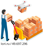 Delivery service with drone, shipping parcel package with drone from warehouse, modern delivery service technology, shipping logistic with quadcopter. Flying apparatus cary package parcel from storage. Delivery service with drone, shipping parcel package with drone from warehouse, modern logistic. Стоковая иллюстрация, агентство Ingram Publishing / Фотобанк Лори