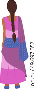 Young beautiful cartoon style Indian woman in traditional clothes isolated on white background. Female character dressed in costume sari stands at full height back view. Fashion lady, asian person. Young cartoon style Indian woman in traditional clothes. Female character dressed in costume sari. Стоковая иллюстрация, агентство Ingram Publishing / Фотобанк Лори