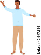Indian village man in blue shirt and light beige trousers. Young smiling male character isolated on white background. Guy pointing somewhere with hand, talking to somebody, standing asian man. Indian village man in blue shirt and light beige trousers. Young smiling male character isolated. Стоковая иллюстрация, агентство Ingram Publishing / Фотобанк Лори
