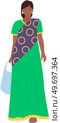 Indian girl in an ethnic traditional costume, sari holds paper bag in her hands, stands straight to full height. Asian pretty woman in green dress isolated on white. Middle easterner female citizen. Indian girl in an ethnic traditional costume, sari holds paper bag, stands straight to full height. Стоковая иллюстрация, агентство Ingram Publishing / Фотобанк Лори