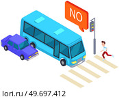 Car and bus near pedestrian crossing on street. Drivers stop in front of crosswalk with pedestrian. Man crossing road, running to stop signal. Movement and transportation in city, road marking. Car and bus near pedestrian crossing on street. Drivers stop in front of crosswalk with man. Стоковая иллюстрация, агентство Ingram Publishing / Фотобанк Лори