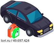 Car near fuel canisters, containers of gasoline or engine oil. Refueling automobile, ensuring operation of vehicle. Expensive premium auto refuels with petrol, benzine. High quality car fuel. Car near fuel canister, container of gasoline or engine oil. Refueling automobile, auto with petrol. Стоковая иллюстрация, агентство Ingram Publishing / Фотобанк Лори