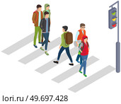 Pedestrian crossing on street. Crosswalk with pedestrians. Men and women crossing city road. Movement and transportation in town. Track with road marking and traffic light vector illustration. Crosswalk with pedestrians. Men and women crossing city road with marking and traffic light. Стоковая иллюстрация, агентство Ingram Publishing / Фотобанк Лори