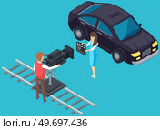 Black car on green screen backdrop in photo or film studio. Green background and lighting for movie filming. Chromakey with spotlights and automobile on set. Making film with vehicle, transport. Black car on green screen backdrop in photo or film studio. Chromakey with spotlights and automobile. Стоковая иллюстрация, агентство Ingram Publishing / Фотобанк Лори