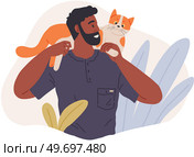 Pet owner male character plays with cat, holding fluffy kitty on his shoulders. Caring for four-footed friend. Tomcat and happy man, friends isolated on white. Fun domestic animal, human companion. Pet owner male character plays with cat, holding fluffy kitty on his shoulders. Caring for friend. Стоковая иллюстрация, агентство Ingram Publishing / Фотобанк Лори