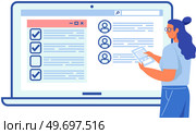 Happy woman stands at big complete checklist icon, worksheet with tick marks, to do list. Business organization and achievements of goals. Check list, questionnaire, management and tasks planning. Happy woman stands at big complete checklist icon, worksheet with tick marks, to do list, plan. Стоковая иллюстрация, агентство Ingram Publishing / Фотобанк Лори