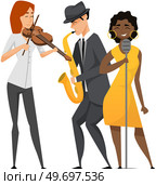 Jazz musician saxophone player with sax stands on white background. Vector man in suit playing musical instrument. Saxophonist playing on blowing musical instrument jazzman, brass orchestra concert. Jazz musician saxophone player with sax in costume. Vector man in suit playing musical instrument. Стоковая иллюстрация, агентство Ingram Publishing / Фотобанк Лори