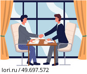 Business partnership cooperation beginning. Businessmen shaking hands after signing contract agreement. Business meeting of partners in office. Male colleagues discussing work and closing deal. Business partnership cooperation. Businessmen shaking hands after signing contract agreement. Стоковая иллюстрация, агентство Ingram Publishing / Фотобанк Лори