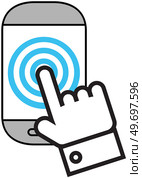 Technology abstract dot connection vector logo icon circle logotype, application. Mans hand touches smartphone screen. Communication round vector sign with technology abstract contact, interaction. Technology abstract dot connection vector logo icon circle logotype. Mans hand touches phone screen. Стоковая иллюстрация, агентство Ingram Publishing / Фотобанк Лори