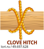 Yellow nautical rope knot, interweaving of ropes, cables, tapes or other flexible linear materials. Clove hitch isolated on white. Household binding and fastening unit for permanent fastening. Yellow nautical rope knot, interweaving of ropes, cables, tapes or other flexible linear materials. Стоковая иллюстрация, агентство Ingram Publishing / Фотобанк Лори